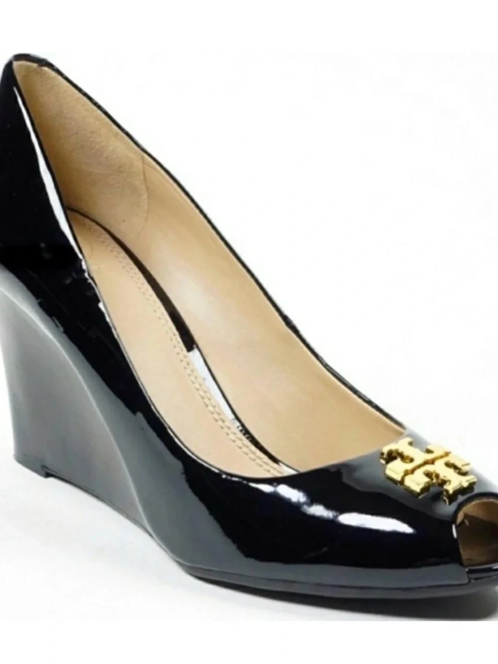 Tory Burch Black Patent Leather Peep-Toe Wedge with Gold Logo